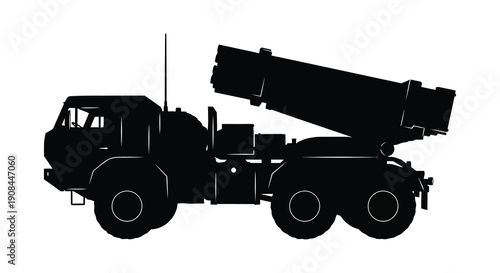 A detailed side view of a military vehicle potentially a rocket launcher presented as a solid silhouette