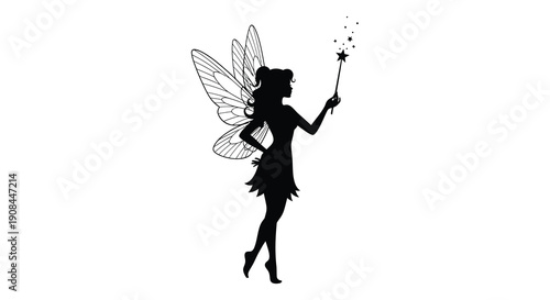 A delicate black silhouette of a fairy with intricate wings holding a sparkling wand radiating magical energy silhouette
