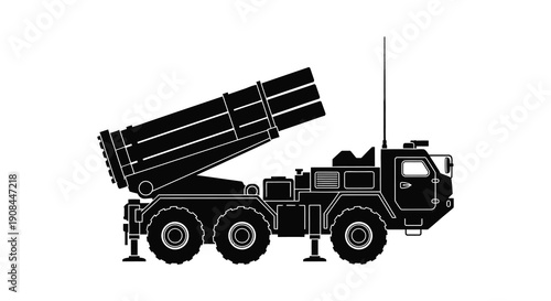 A detailed black silhouette depicts a multiple launch rocket system vehicle showcasing military hardware silhouette high quality professional