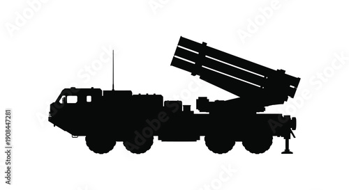 A stark black silhouette depicts a military missile launcher on a vehicle showcasing modern weaponry silhouette high quality
