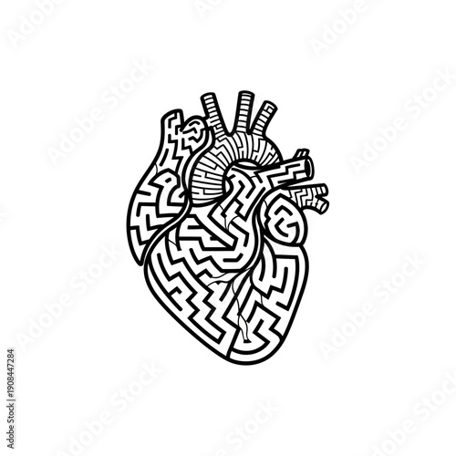 Anatomical Heart Maze Labyrinth Concept Art Black and White