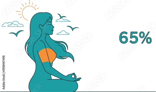 A woman meditates peacefully with a sun and birds in the background.