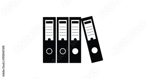 A collection of four black ring binders are displayed two upright and two leaning in silhouette high quality