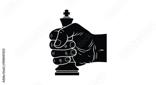 A dramatic black silhouette depicts a hand firmly grasping a chess piece symbolizing strategy and power high quality