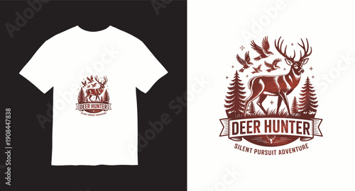 Deer hunter silent pursuit adventure graphic featuring majestic buck with flying birds and pine forest