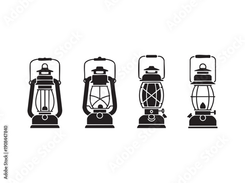 Set of four different black and white vector icons of vintage kerosene lanterns
