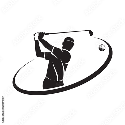 Silhouette of a golfer swinging a club with a golf ball in flight