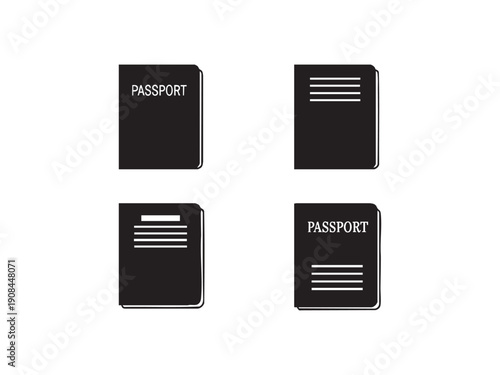 Passport documents icons featuring global travel identification and official paper booklets