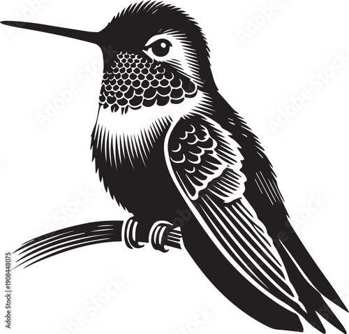 Vector illustration of a black and white crow perched on a branch featuring a minimalist silhouette design with detailed feathers and beak for a nature-inspired wildlife tattoo art drawing