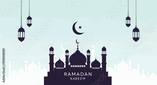 Ramadan Kareem wide banner with mosque silhouettes and hanging lanterns on light blue gradient background