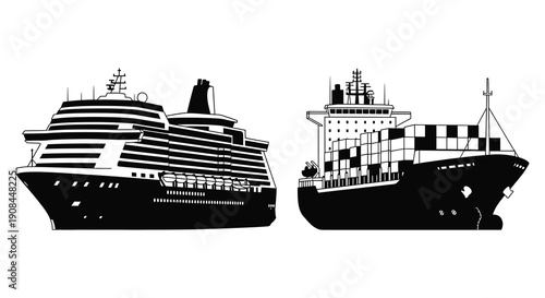 Two large passenger and cargo ships are depicted in a stark black and white contrast a striking silhouette