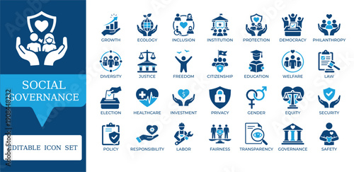 Social Governance and ESG Icons. Featuring diversity, healthcare, justice, and community symbols. Editable vector for corporate social responsibility and legal apps