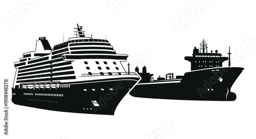 A striking black and white depiction of two large ships side by side at sea presented as a silhouette high quality professional