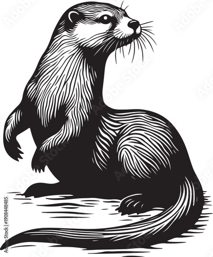 Hand drawn vector illustration of a cute wild otter mammal with shaggy fur and a long tail isolated on white background in a black and white sketch style