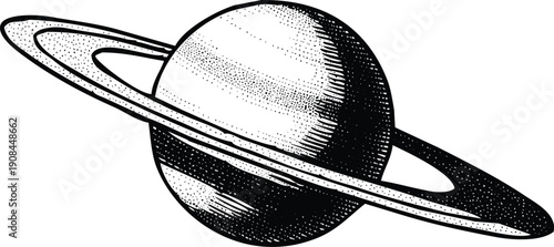 A detailed black and white illustration of the planet saturn with its rings Vector