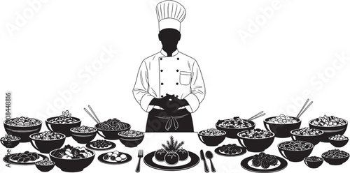 Chef silhouette standing behind a table laden with numerous bowls of food and plates of appetizers