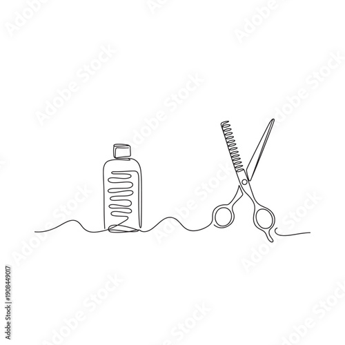A continuous line drawing of barber tools scissors comb and shampoo bottle