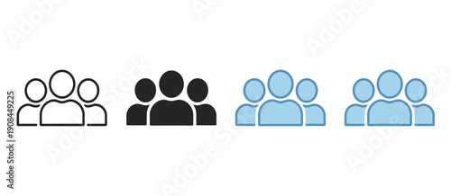 team and community icon set, four stylized user group symbols in black and blue, people collaboration icons, social network concept, UI and app design elements, modern interface illustration, digital 
