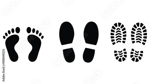 Black footprints depicting bare feet and various shoe soles