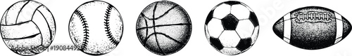 A collection of various sports balls arranged in a row from left to right Vector