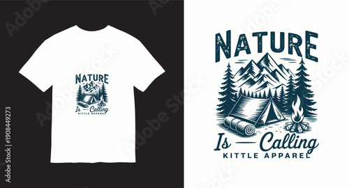 Nature is calling vintage camping t-shirt design with tent and campfire