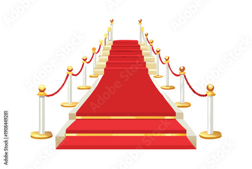 Grand white staircase featuring a long red carpet with golden borders flanked by luxury gold stanchions and ropes .vector icon