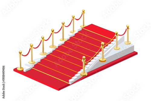 Grand white staircase featuring a long red carpet with golden borders flanked by luxury gold stanchions and ropes .vector icon
