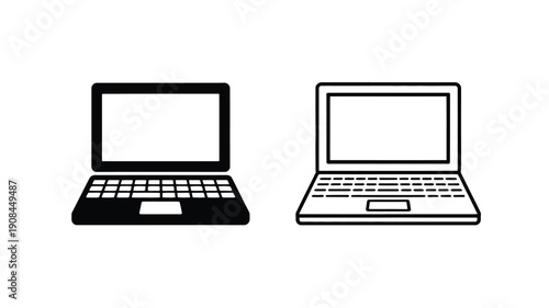 Two black and white laptop illustrations with differing designs
