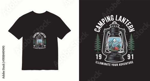 Camping lantern t shirt design with mountain tent scene and pine trees in vintage style