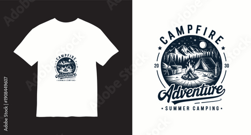 Campfire adventure summer camping t shirt design with mountain night sky and tent badge