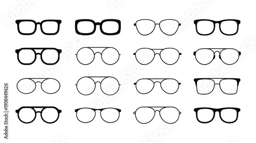 Collection of various black and white eyeglass frame designs