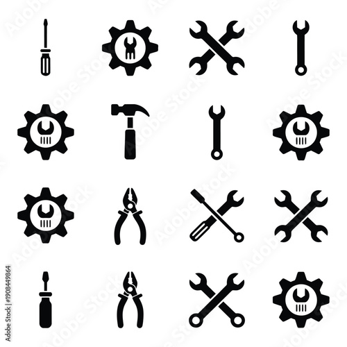 Collection of black silhouette icons depicting various hand tools and gears
