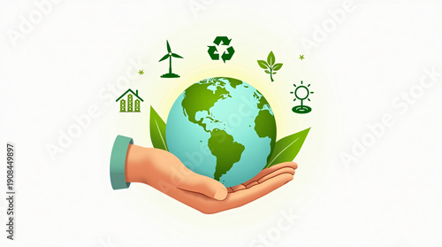 A conceptual image of a hand holding a green globe to represent global environmental protection and eco care for the planet