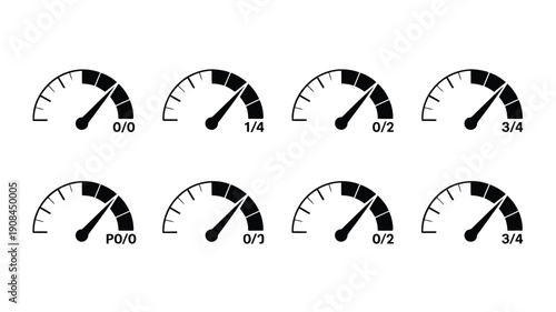 Black and white gauges illustrating different levels of fullness or progress