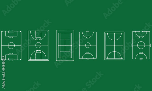 Sports Stadium and Volleyball Net Vector Set – Arena, Court, and Game Field Outline Illustrations