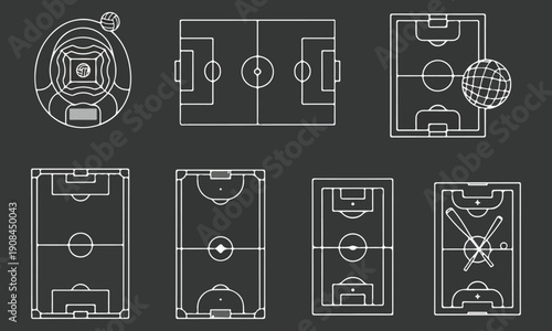 Sports Stadium and Volleyball Net Vector Set – Arena, Court, and Game Field Outline Illustrations