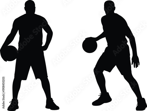 Basketball player silhouettes dribbling ball, two athletes street sport action poses concept, fitness teamwork energy, isolated black vector illustration