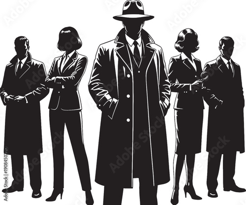 Five silhouetted figures in vintage detective attire standing together investigator noir