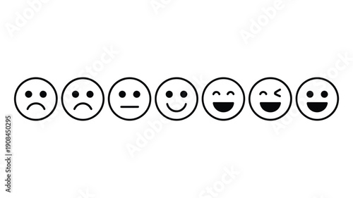 A series of black and white facial expressions depicting varying emotions