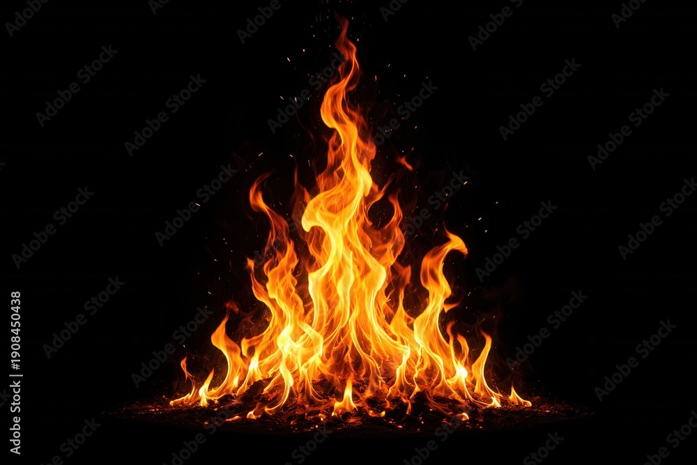 Fototapeta premium A mesmerizing flame dance rises against a dark background, showcasing vibrant orange and yellow hues with sparks flying, creating an intense and dynamic visual.