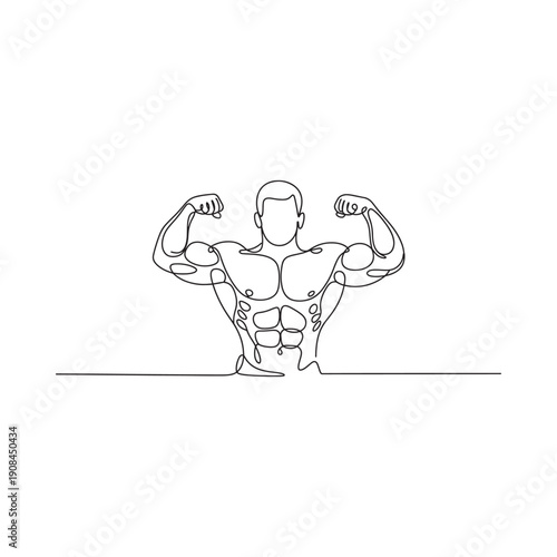 A continuous line drawing of a muscular man flexing his biceps with confidence