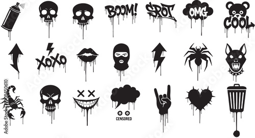Black graffiti style with dripping paint effect on white background spray paint skull boom spot