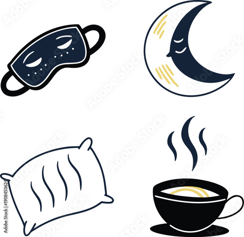 Healthy sleep and bedtime routine icons featuring sleep mask moon pillow and steaming cup of tea