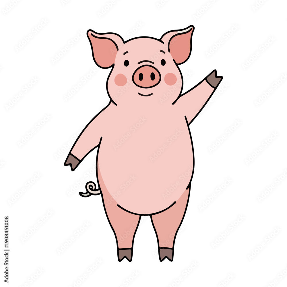 Obraz premium Cute Cartoon Pig Waving Standing Upright Fun Animal Mascot