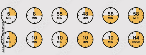 timer clock stopwatch icon set, isolated countdown timer symbols, time measurement icons, cooking time label elements, kitchen timing concept, schedule control graphics, vector illustration for UI app