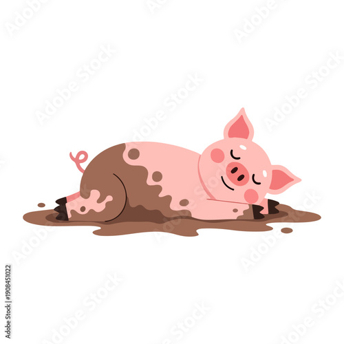 Happy Muddy Pig Wallowing Cute Cartoon Vector Illustration