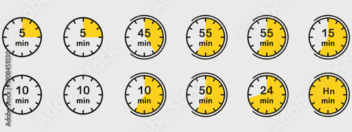 timer clock stopwatch icon set, isolated countdown timer symbols, time measurement icons, cooking time label elements, kitchen timing concept, schedule control graphics, vector illustration for UI app