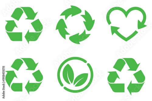 Recycling symbols, green arrows and hearts collection, environmental protection and sustainability theme, eco friendly vector icons set