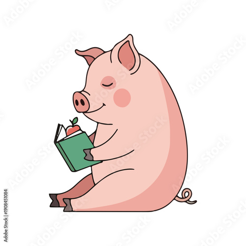 Adorable Pig Reading a Book with an Apple Cartoon Illustration