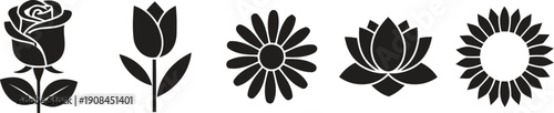 Set of elegant black flower icons on white background
